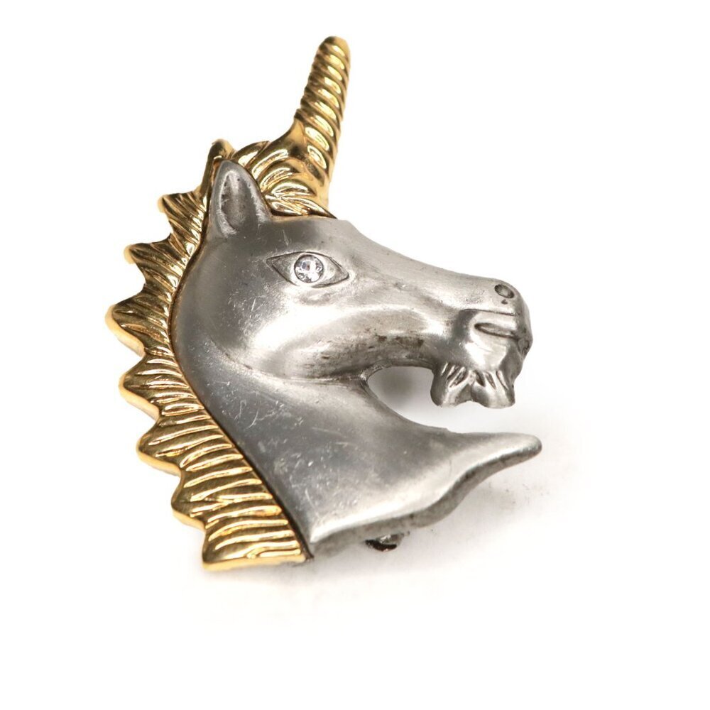 Vintage Two Tone Unicorn Metal Pin Brooch Horse Gold Silver
